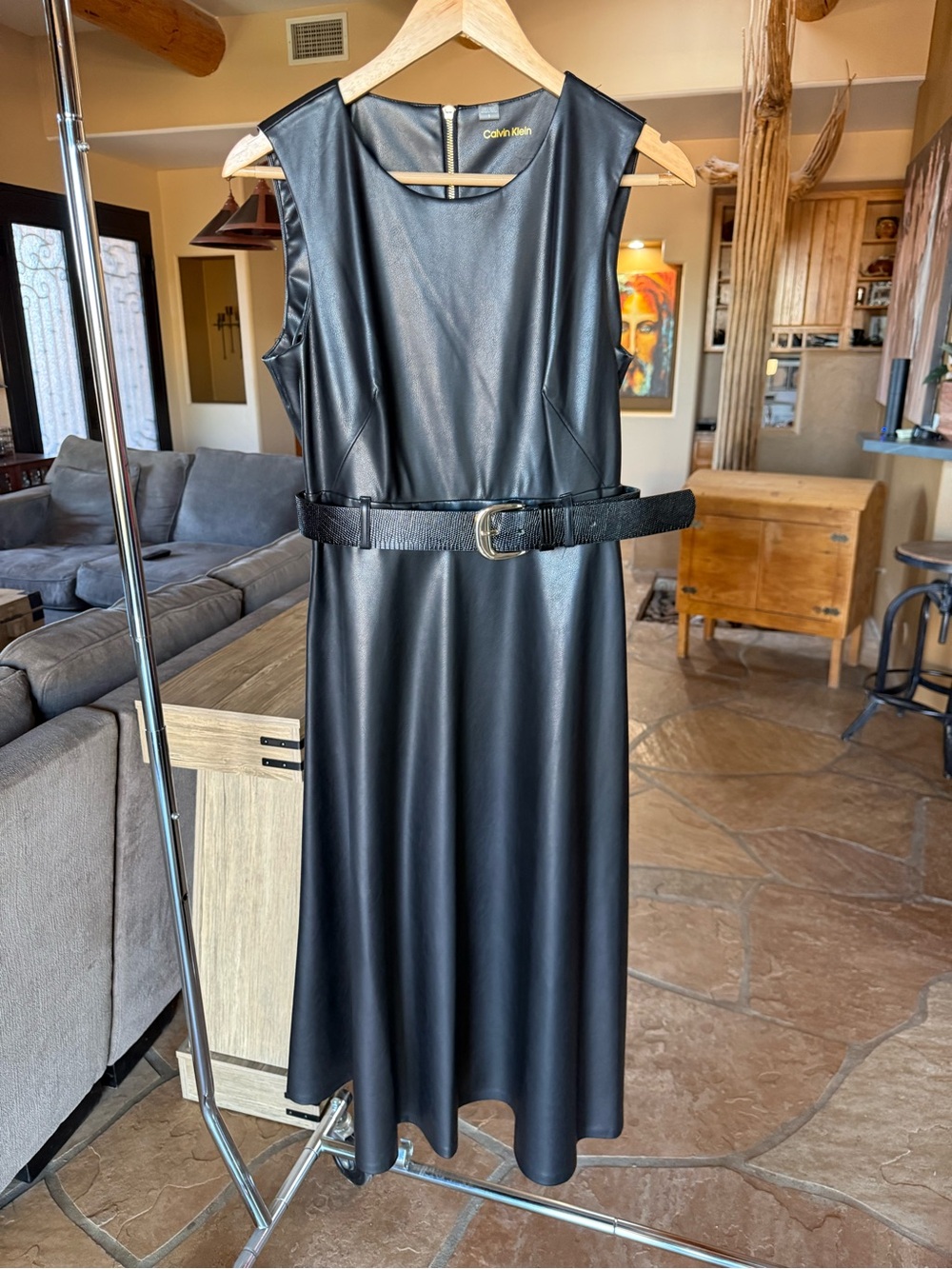 Calvin Klein Black Faux Leather Belted Midi Dress